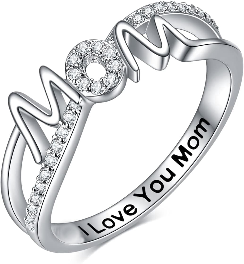 Mother's Day Gifts for Mother, I Love You Mom Ring 14K White Gold Plated Mom Mother Rings Jewelry Gifts for Mom Mama Nana