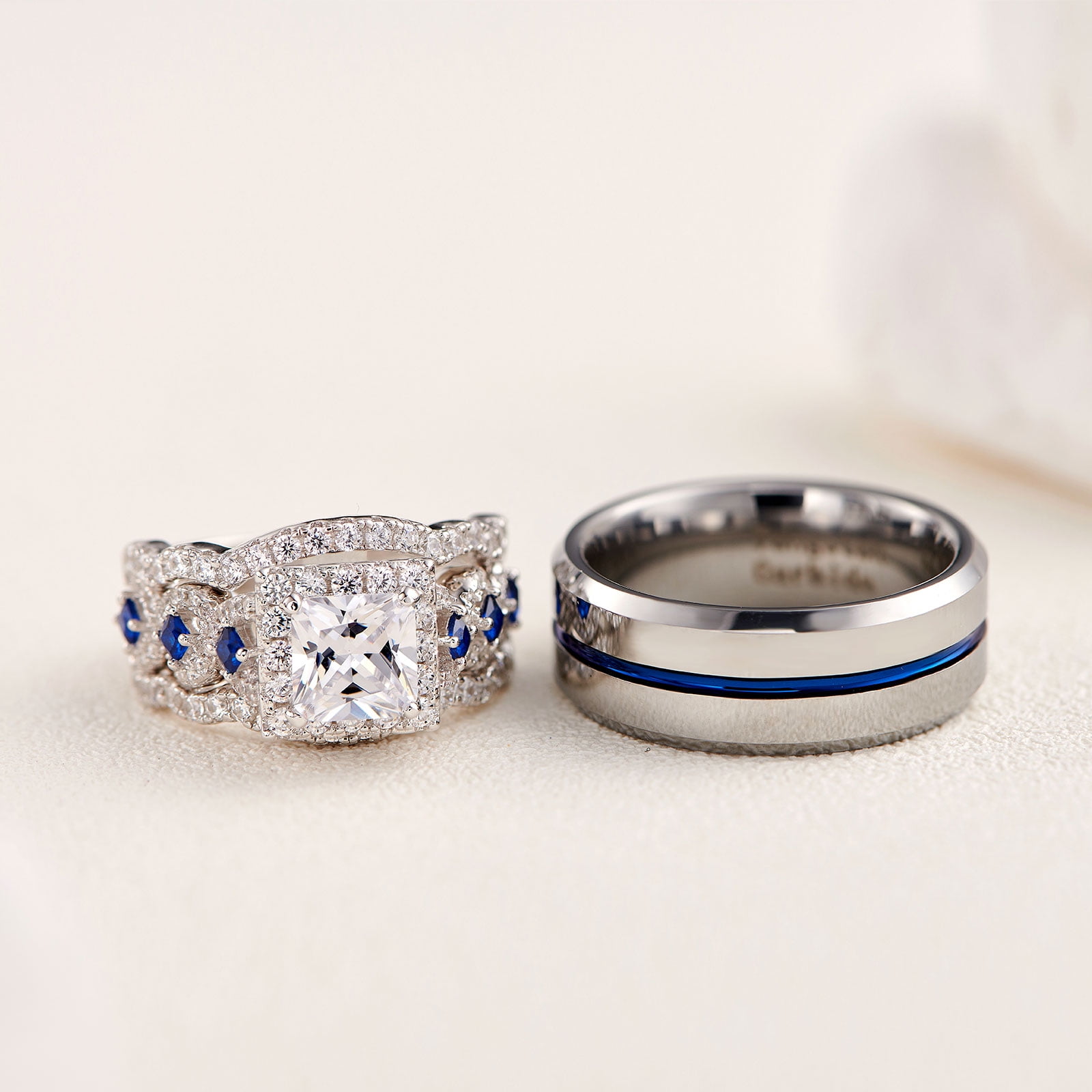 Newshe Wedding Ring Sets for Him and Her Women Mens Tungsten Bands Sterling Silver Couple Cz Size 5-13 (Women's Size 7 & Men's Size 9) - Image 5