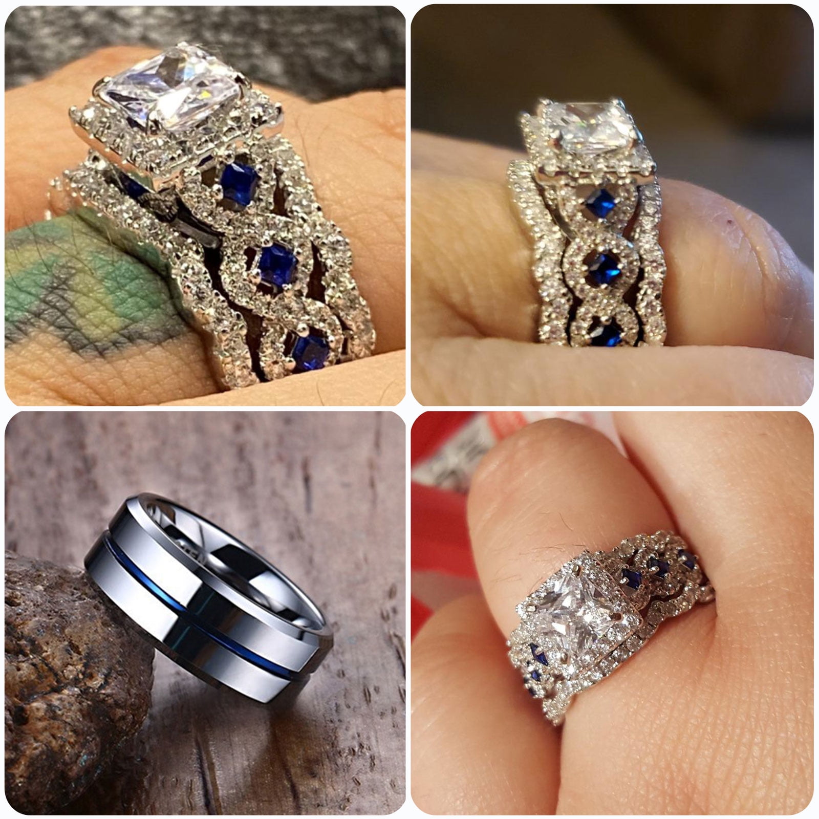 Newshe Wedding Ring Sets for Him and Her Women Mens Tungsten Bands Sterling Silver Couple Cz Size 5-13 (Women's Size 7 & Men's Size 9) - Image 3