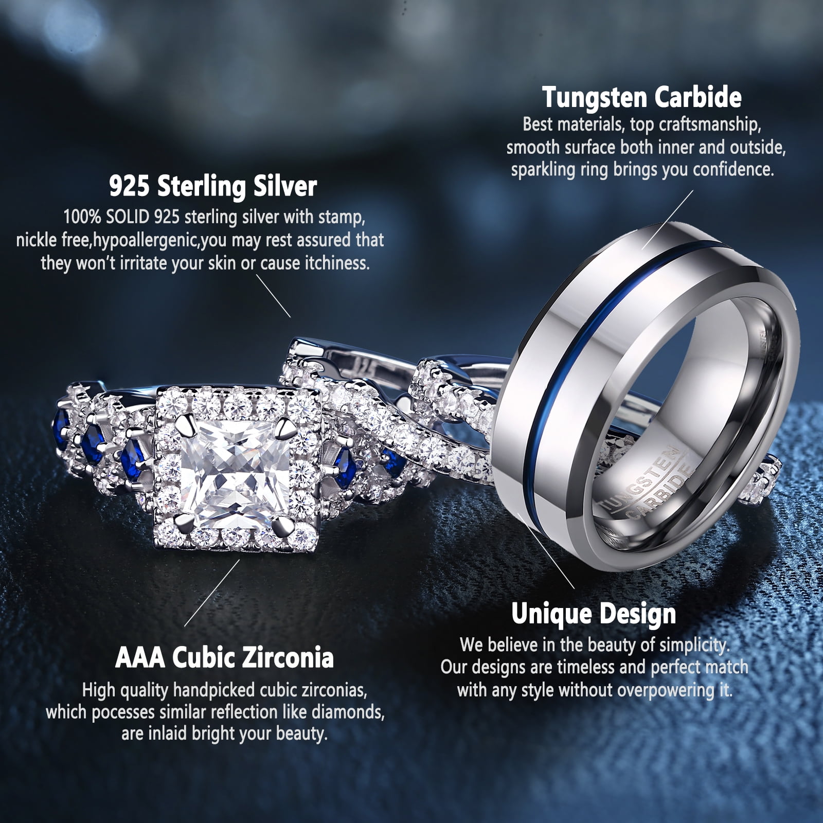 Newshe Wedding Ring Sets for Him and Her Women Mens Tungsten Bands Sterling Silver Couple Cz Size 5-13 (Women's Size 7 & Men's Size 9) - Image 4