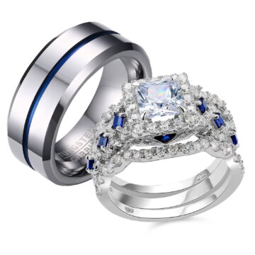 Newshe Wedding Ring Sets for Him and Her Women Mens Tungsten Bands Sterling Silver Couple Cz Size 5-13 (Women's Size 7 & Men's Size 9)