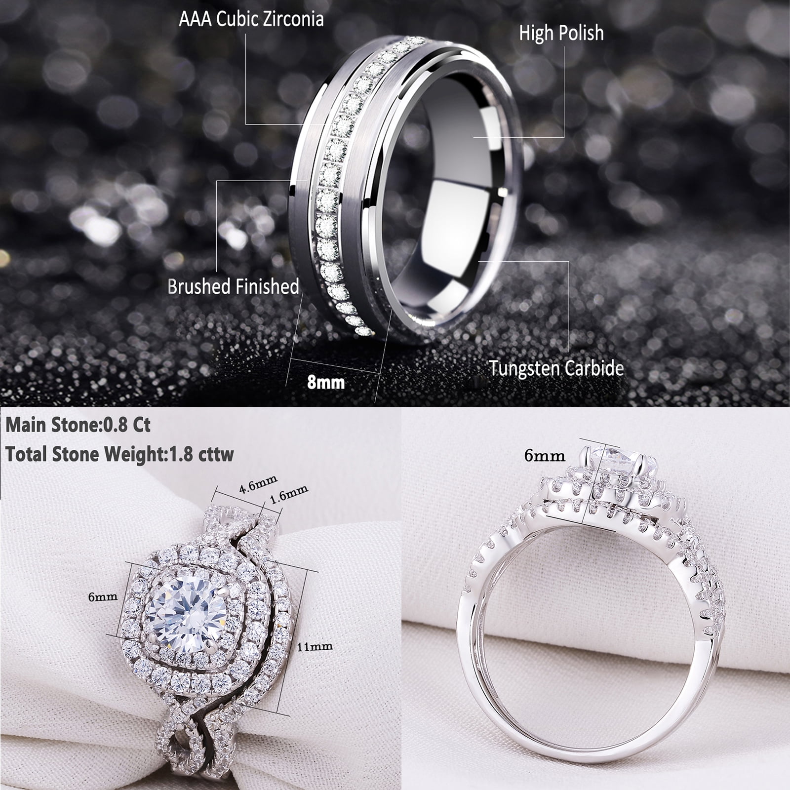 Newshe Wedding Ring Sets For His and Hers Promise Couples Rings Tungsten Wedding Bands White Cz Size 9&7 - Image 3