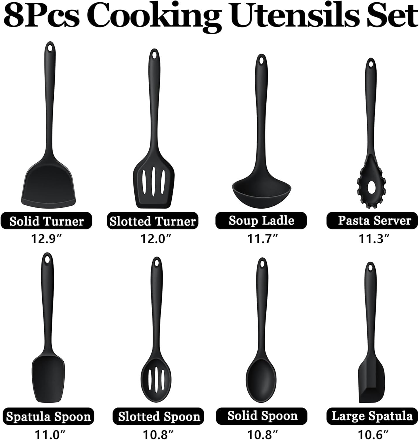 Non- Cooking Utensils Set of 8, Black Kitchen Utensils Set for Non-Stick Cookware, Kitchen Tools with Spatula & Spoon, Stainless Steel Core, & Heat Resistant - Image 4
