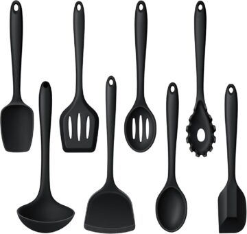 Non- Cooking Utensils Set of 8, Black Kitchen Utensils Set for Non-Stick Cookware, Kitchen Tools with Spatula & Spoon, Stainless Steel Core, & Heat Resistant