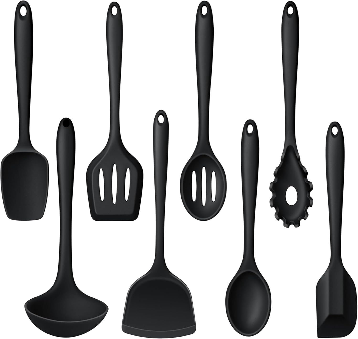 Non- Cooking Utensils Set of 8, Black Kitchen Utensils Set for Non-Stick Cookware, Kitchen Tools with Spatula & Spoon, Stainless Steel Core, & Heat Resistant