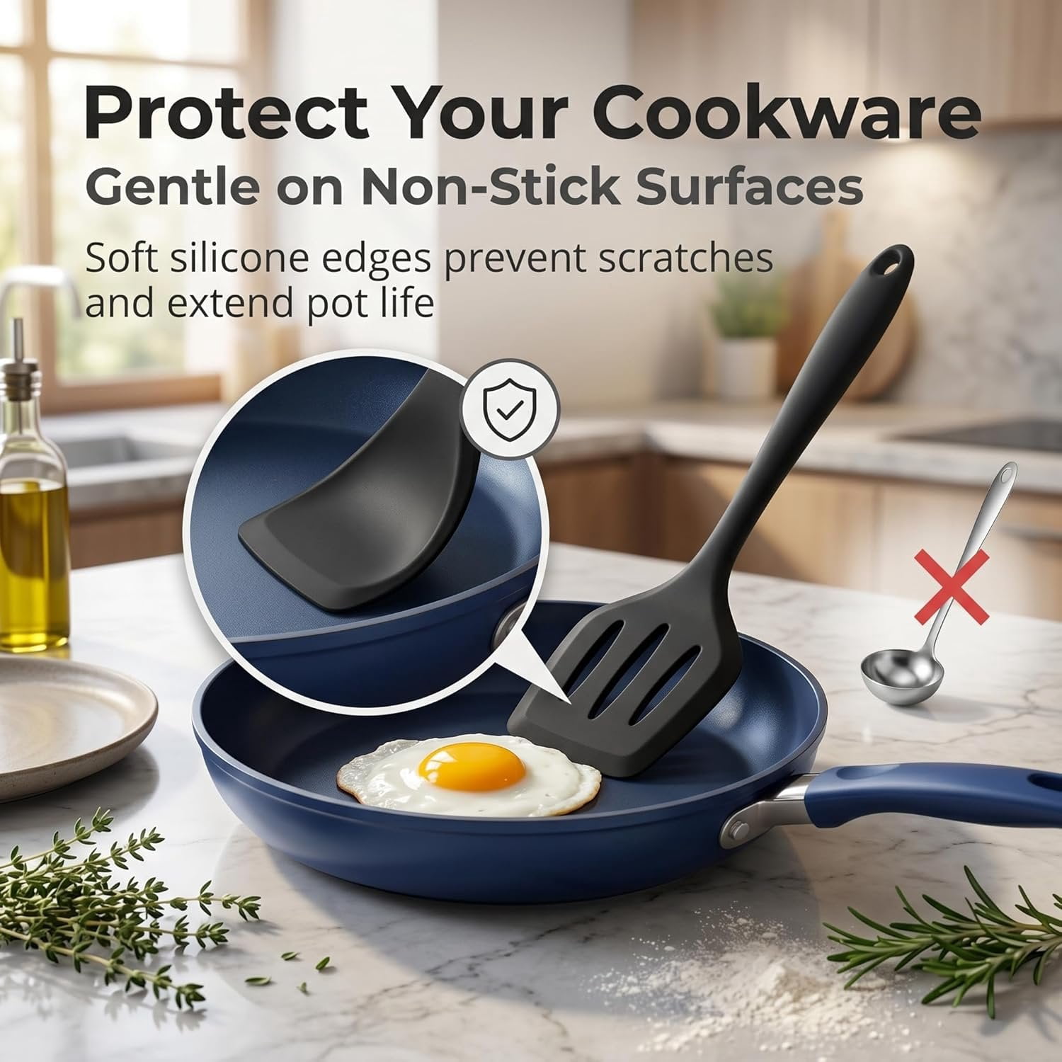 Non- Cooking Utensils Set of 8, Black Kitchen Utensils Set for Non-Stick Cookware, Kitchen Tools with Spatula & Spoon, Stainless Steel Core, & Heat Resistant - Image 2