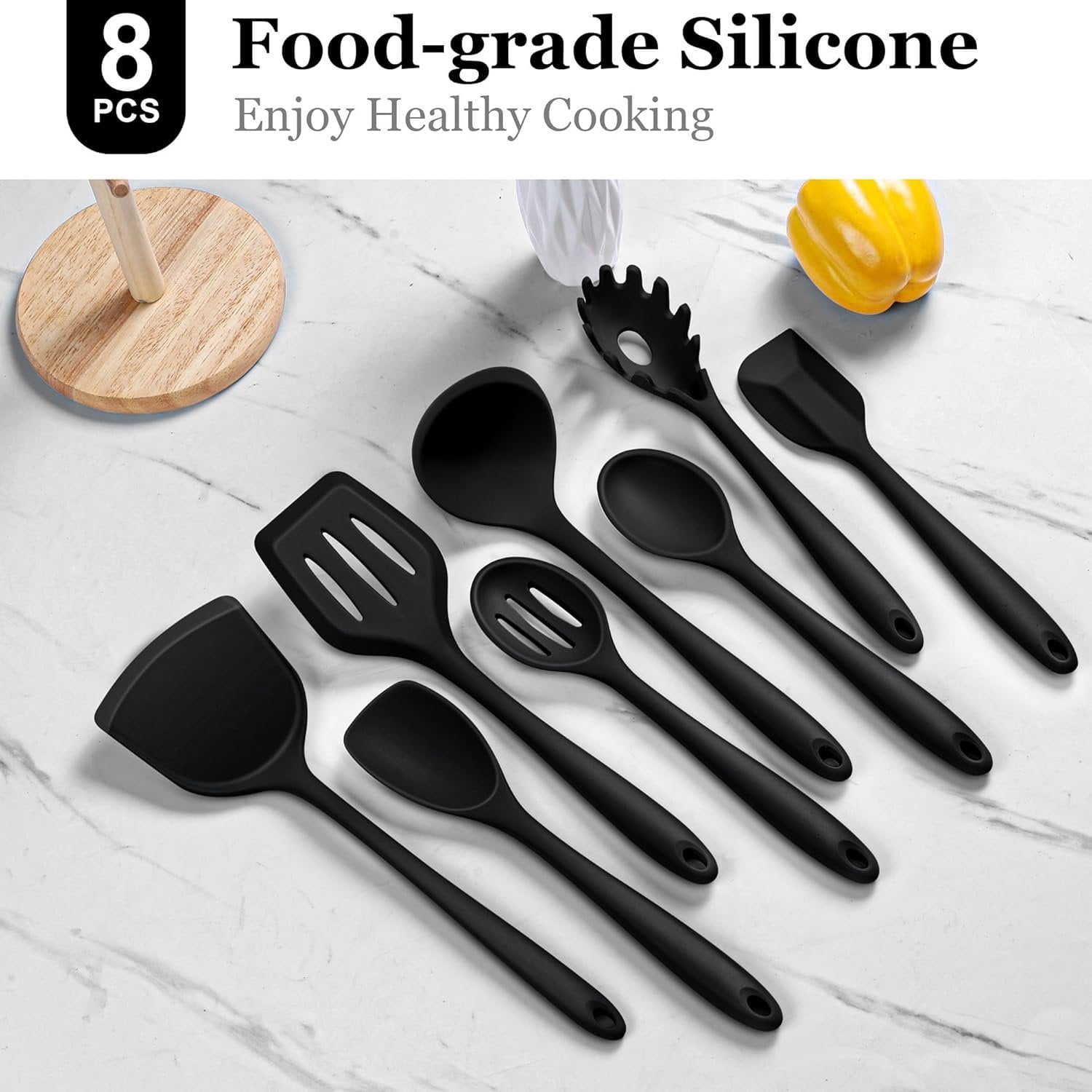 Non- Cooking Utensils Set of 8, Black Kitchen Utensils Set for Non-Stick Cookware, Kitchen Tools with Spatula & Spoon, Stainless Steel Core, & Heat Resistant - Image 3