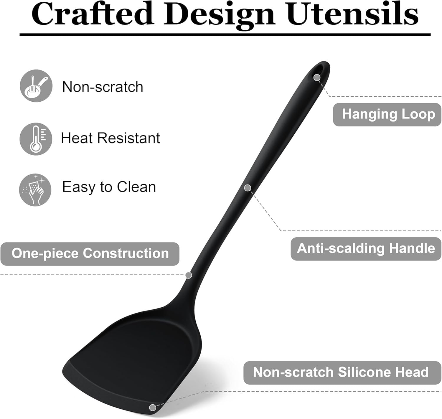 Non- Cooking Utensils Set of 8, Black Kitchen Utensils Set for Non-Stick Cookware, Kitchen Tools with Spatula & Spoon, Stainless Steel Core, & Heat Resistant - Image 5