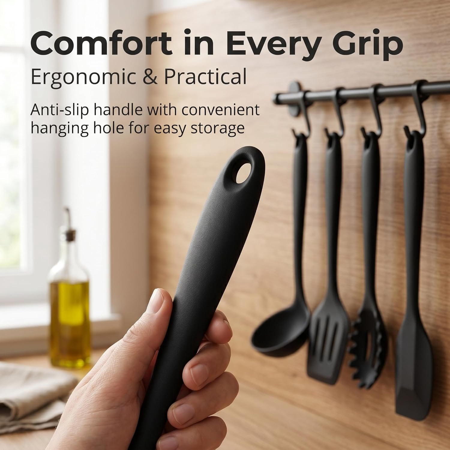 Non- Cooking Utensils Set of 8, Black Kitchen Utensils Set for Non-Stick Cookware, Kitchen Tools with Spatula & Spoon, Stainless Steel Core, & Heat Resistant - Image 3