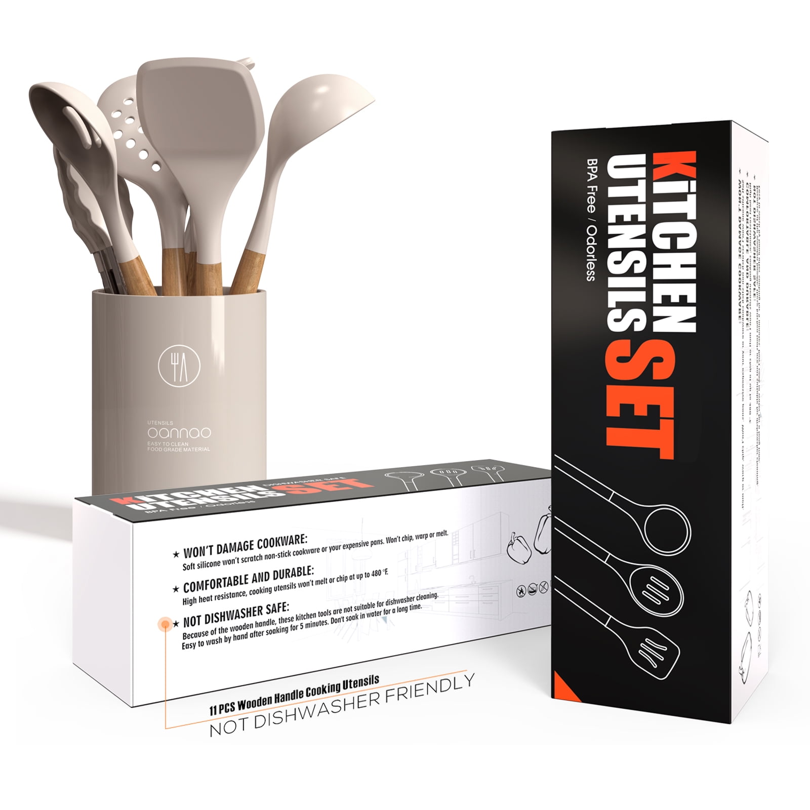oannao Silicone Cooking Utensils Set - 446°F Heat Resistant Silicone Kitchen Utensils for Cooking,Kitchen Utensil Spatula Set w Wooden Handles,Holder, BPA FREE Gadgets for Non-Stick Cookware (Khaki) - Image 2