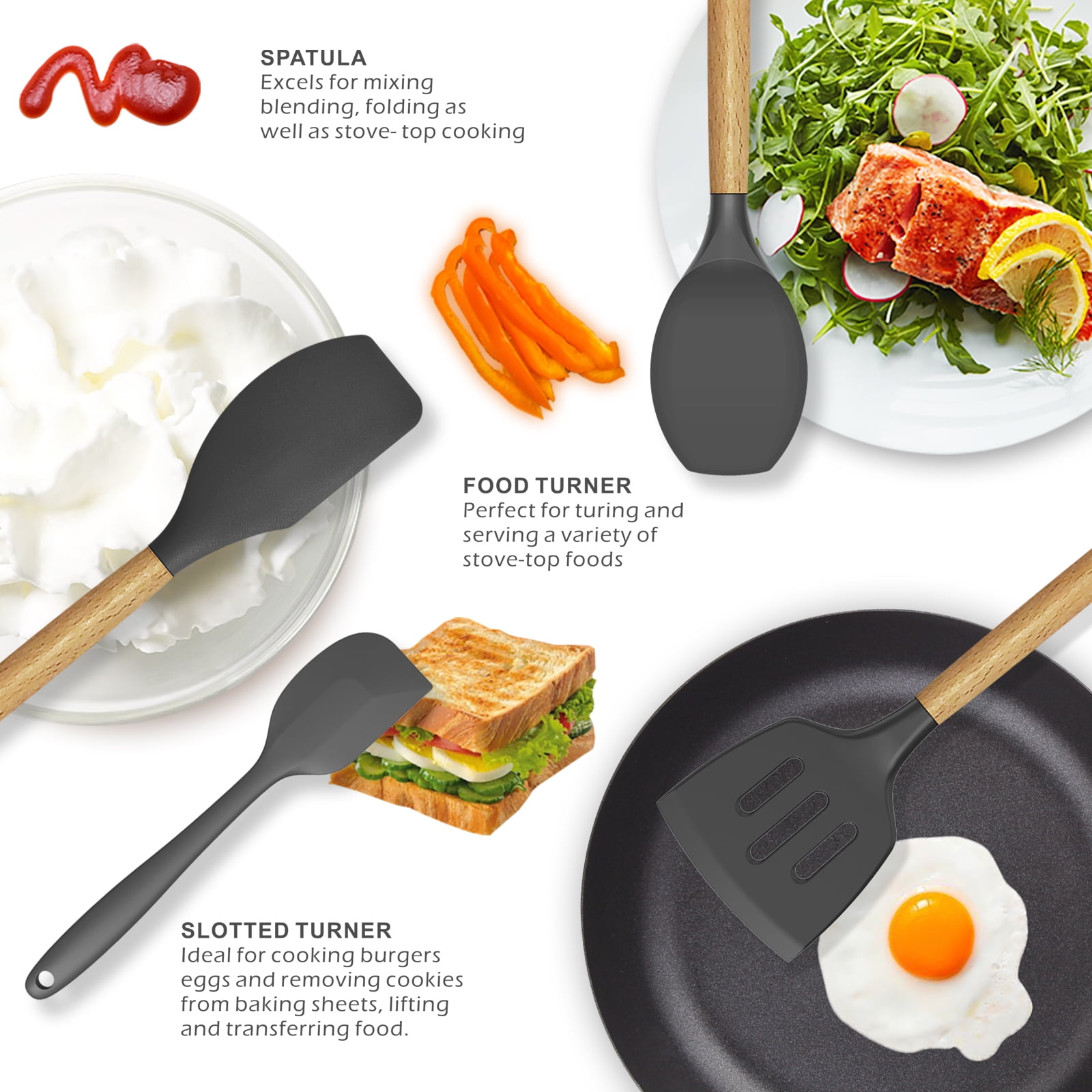 oannao Silicone Cooking Utensils Set - 446°F Heat Resistant Silicone Kitchen Utensils for Cooking,Kitchen Utensil Spatula Set w Wooden Handles,Holder, BPA FREE Gadgets for Non-Stick Cookware (Grey) - Image 4