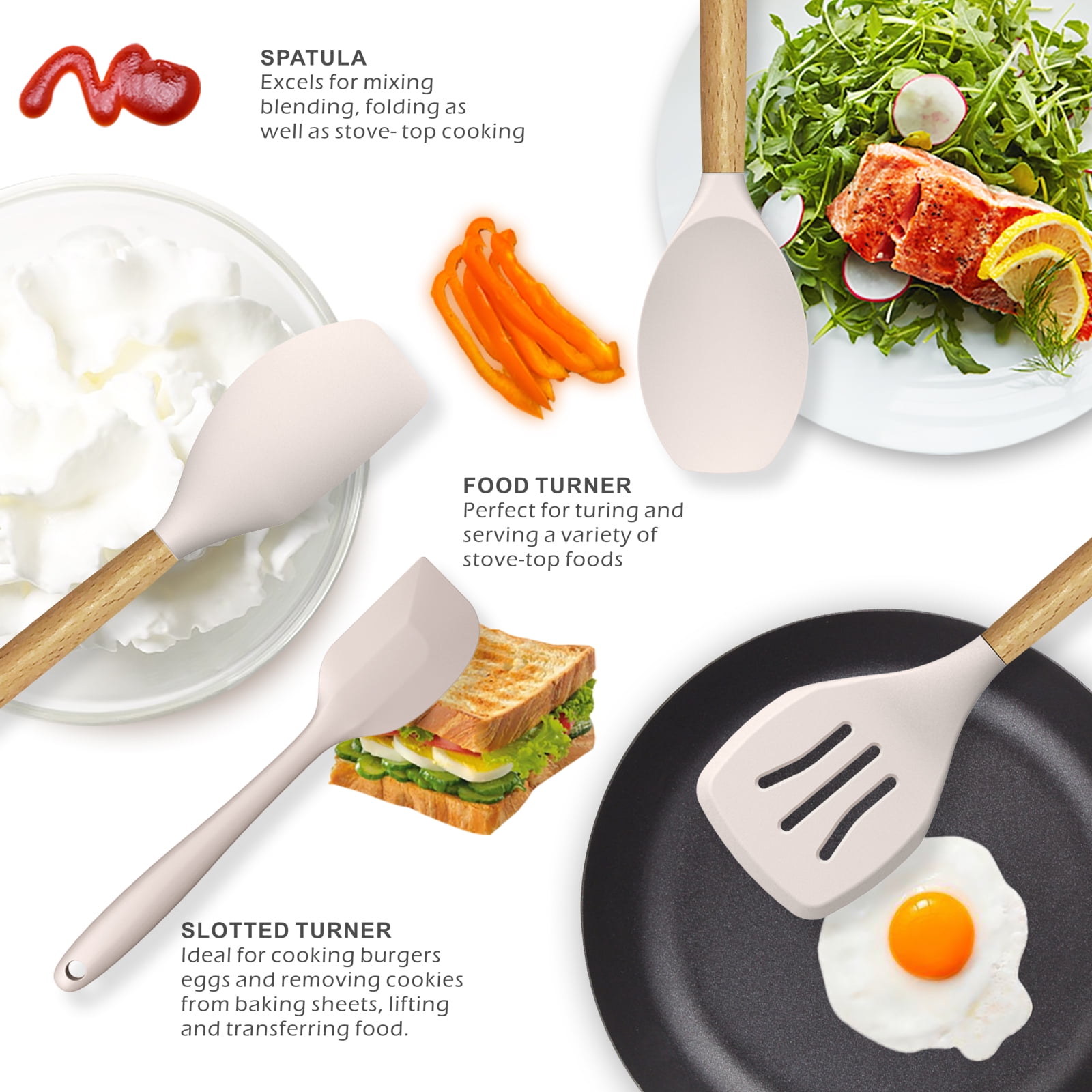 oannao Silicone Cooking Utensils Set - 446°F Heat Resistant Silicone Kitchen Utensils for Cooking,Kitchen Utensil Spatula Set w Wooden Handles,Holder, BPA FREE Gadgets for Non-Stick Cookware (Khaki) - Image 3