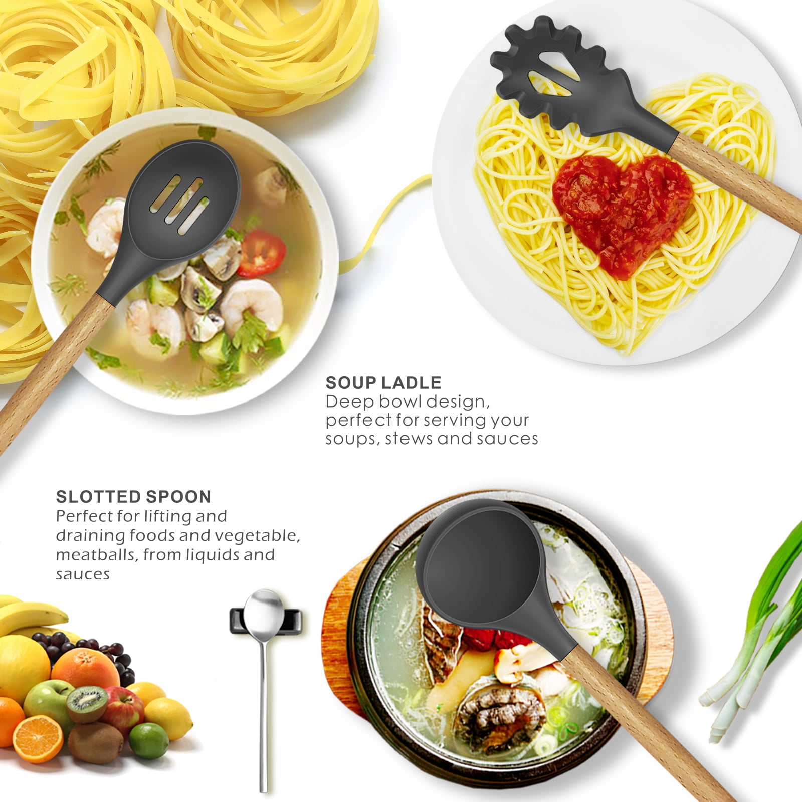 oannao Silicone Cooking Utensils Set - 446°F Heat Resistant Silicone Kitchen Utensils for Cooking,Kitchen Utensil Spatula Set w Wooden Handles,Holder, BPA FREE Gadgets for Non-Stick Cookware (Grey) - Image 5