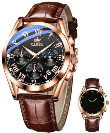 OLEVS Mens Watches Luxury Chronograph Moon Phase Waterproof Luminous Brown Leather Strap Date Rose Gold Classic Watch for Men