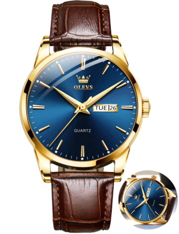 OLEVS Mens Watches,Brown Leather Watch for Men,Gold Case Analog Quartz Fashion Business Dress Watch Day Date Luminous Waterproof Casual Male Wrist Watches Reloj para Hombre
