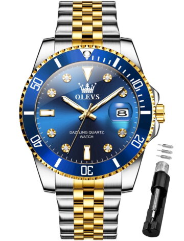 OLEVS Watch for Men Stainless Steel Business Dress Luxury Diamond Big Face Waterproof Mens Watches with Date Analog Wrist Men Watch Reloj para Hombre Blue Dial