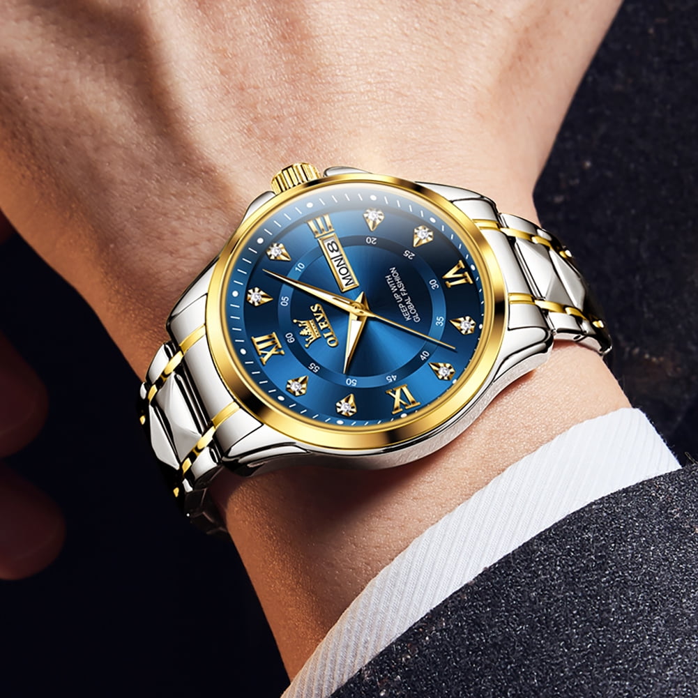 OLEVS Watches for Men Business Dress Diamond Analog Quartz Date Luxury Classic Casual Stainless Steel Waterproof Luminous Mens Wrist Watches Gifts Reloj para Hombre Blue/Gold/Black Dial - Image 2