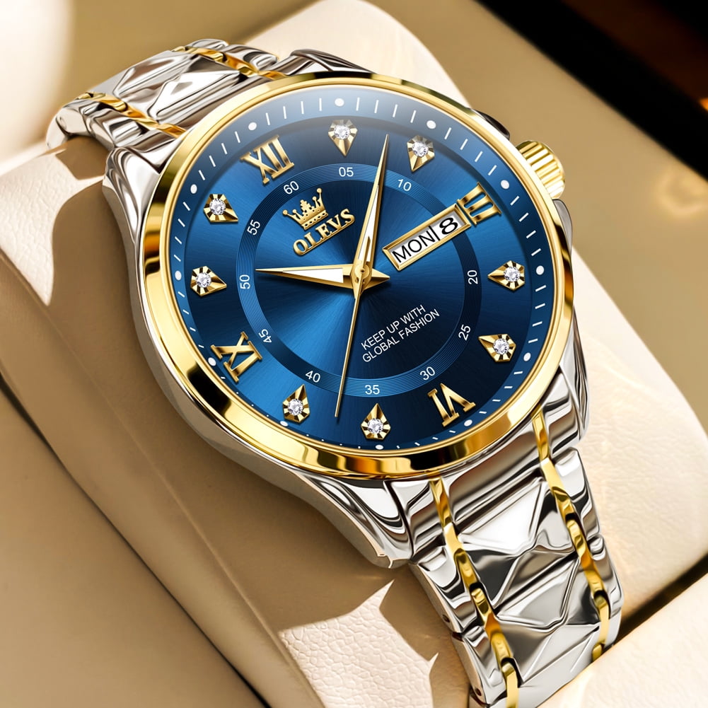 OLEVS Watches for Men Business Dress Diamond Analog Quartz Date Luxury Classic Casual Stainless Steel Waterproof Luminous Mens Wrist Watches Gifts Reloj para Hombre Blue/Gold/Black Dial