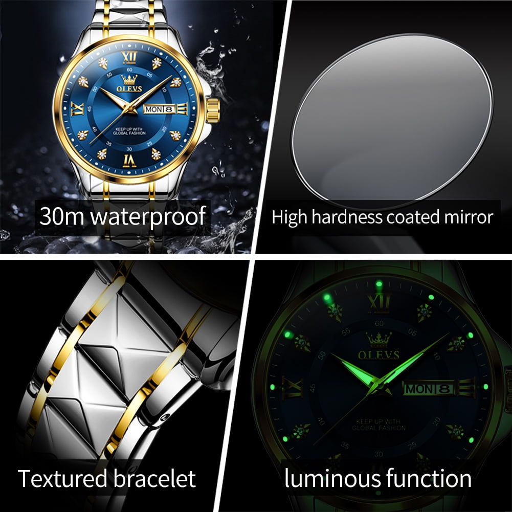 OLEVS Watches for Men Business Dress Diamond Analog Quartz Date Luxury Classic Casual Stainless Steel Waterproof Luminous Mens Wrist Watches Gifts Reloj para Hombre Blue/Gold/Black Dial - Image 3