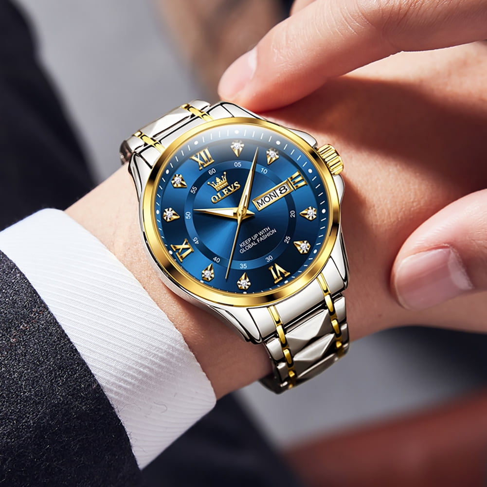 OLEVS Watches for Men Business Dress Diamond Analog Quartz Date Luxury Classic Casual Stainless Steel Waterproof Luminous Mens Wrist Watches Gifts Reloj para Hombre Blue/Gold/Black Dial - Image 4