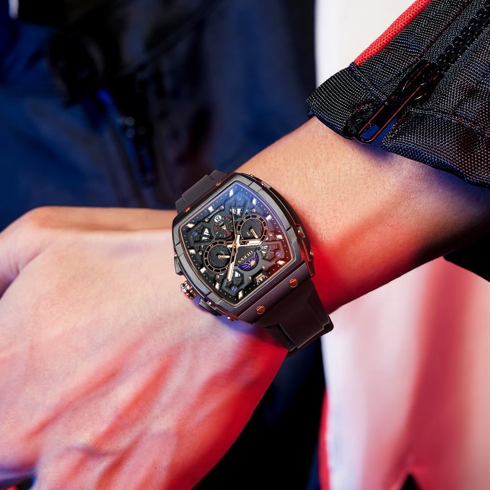 OLEVS Watches for Men Chronograph Waterproof Luxury Dress Quartz Silicon Strap Multifunction Moon Phase Calendar Luminous Men Wrist Watches Reloj Para Hombre Black/Red - Image 3
