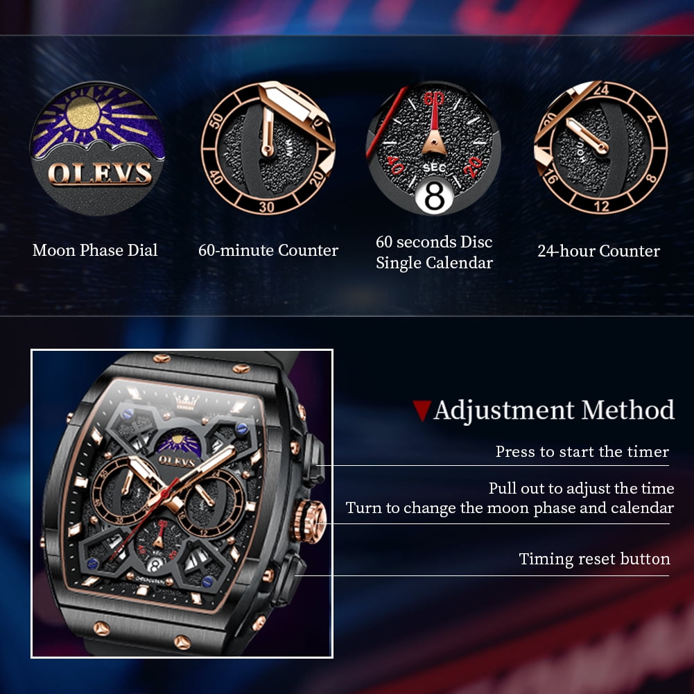 OLEVS Watches for Men Chronograph Waterproof Luxury Dress Quartz Silicon Strap Multifunction Moon Phase Calendar Luminous Men Wrist Watches Reloj Para Hombre Black/Red - Image 4