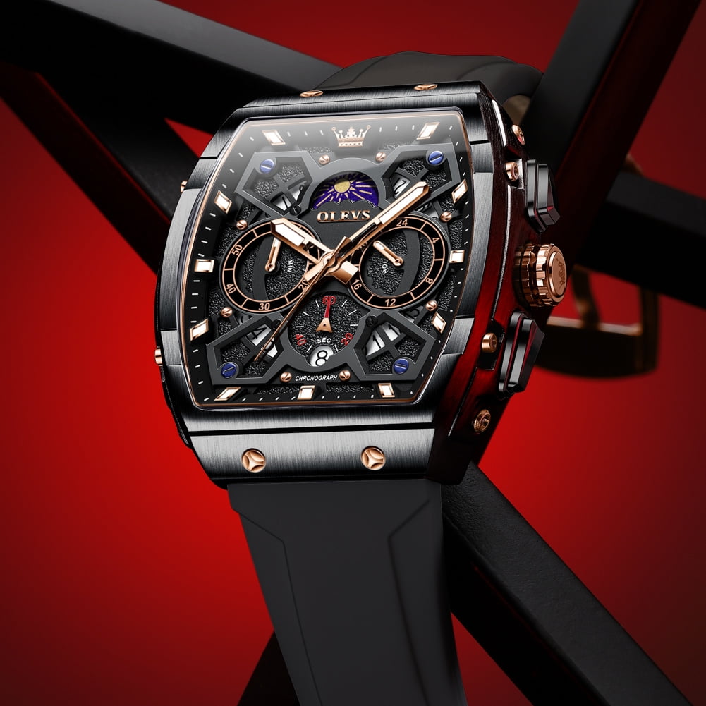 OLEVS Watches for Men Chronograph Waterproof Luxury Dress Quartz Silicon Strap Multifunction Moon Phase Calendar Luminous Men Wrist Watches Reloj Para Hombre Black/Red - Image 2