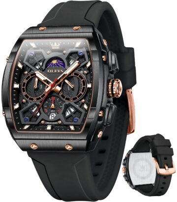 OLEVS Watches for Men Chronograph Waterproof Luxury Dress Quartz Silicon Strap Multifunction Moon Phase Calendar Luminous Men Wrist Watches Reloj Para Hombre Black/Red