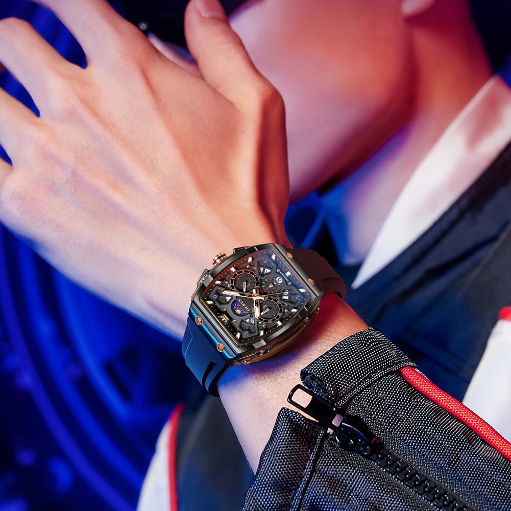 OLEVS Watches for Men Chronograph Waterproof Luxury Dress Quartz Silicon Strap Multifunction Moon Phase Calendar Luminous Men Wrist Watches Reloj Para Hombre Black/Red - Image 5