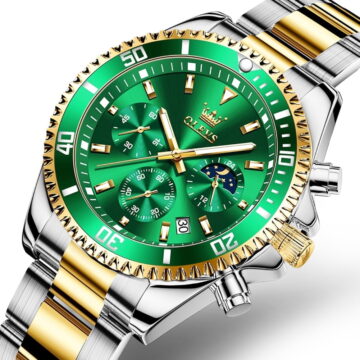 OLEVS Watches for Men Luxury Analog Quartz Chronograph Business Dress Gold Plated Stainless Steel Moon Phase Waterproof Luminous Date Casual Mens Wrist Watches Reloj Para Hombre