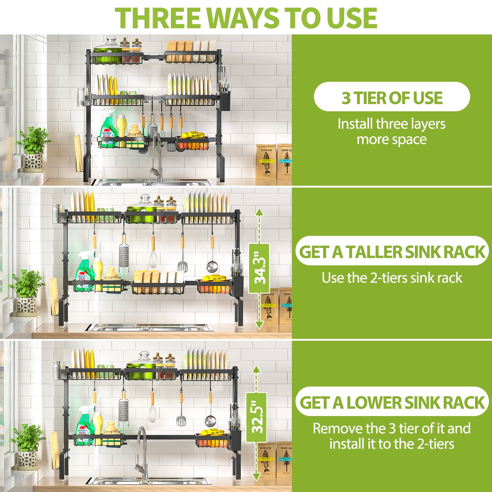 Over The Sink Dish Drying Rack, 24.8"-35.4" Expandable Length & Height,3-Tiers Large Dish Drying Rack Stainless Steel Dish Racks for Kitchen Counter - Image 5