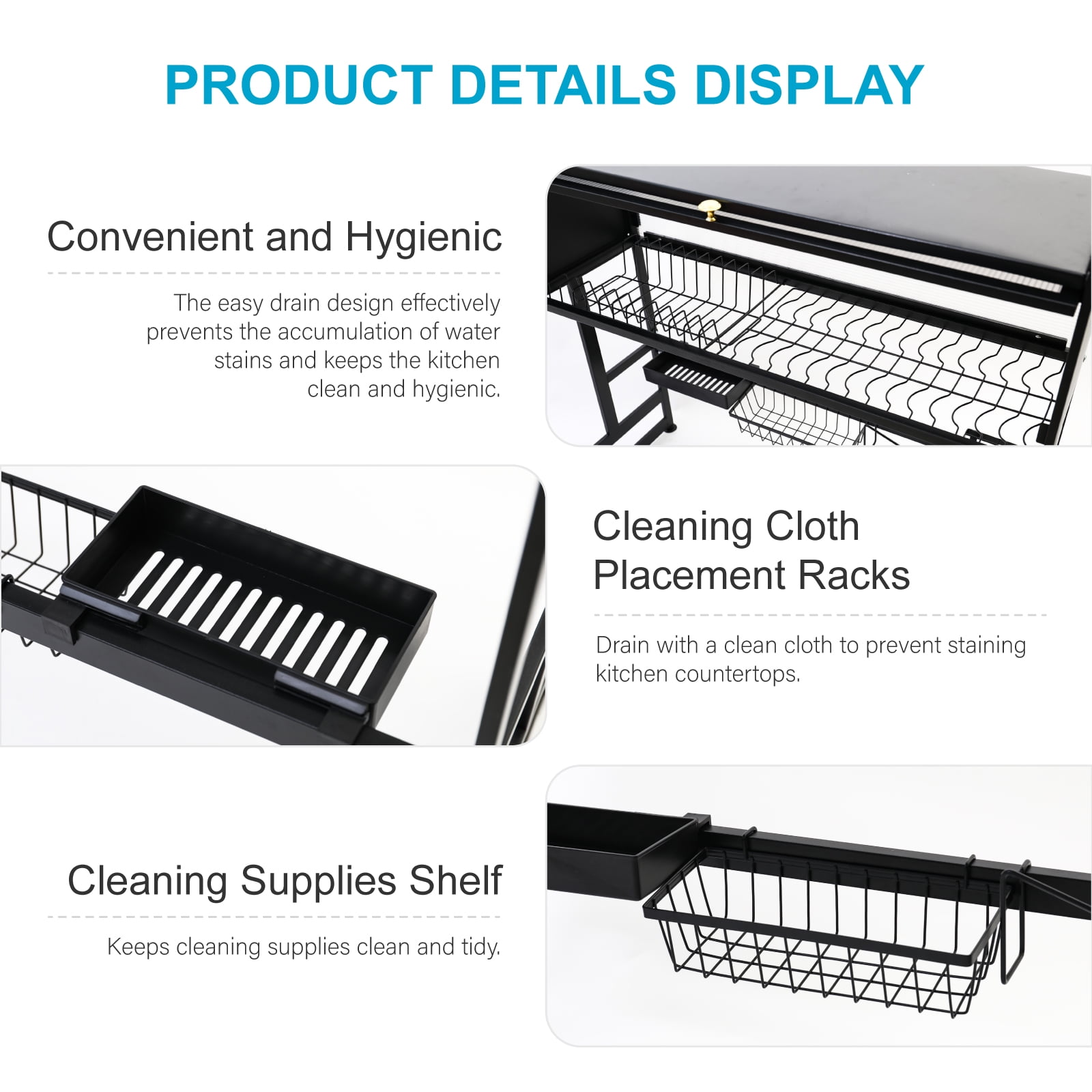 Over The Sink Dish Drying Rack, Adjustable 2 Tier Stainless Steel Large Dish Racks for Kitchen Storage Counter Organizer with Cabinet Doors with Utensil Holder, Black - Image 3