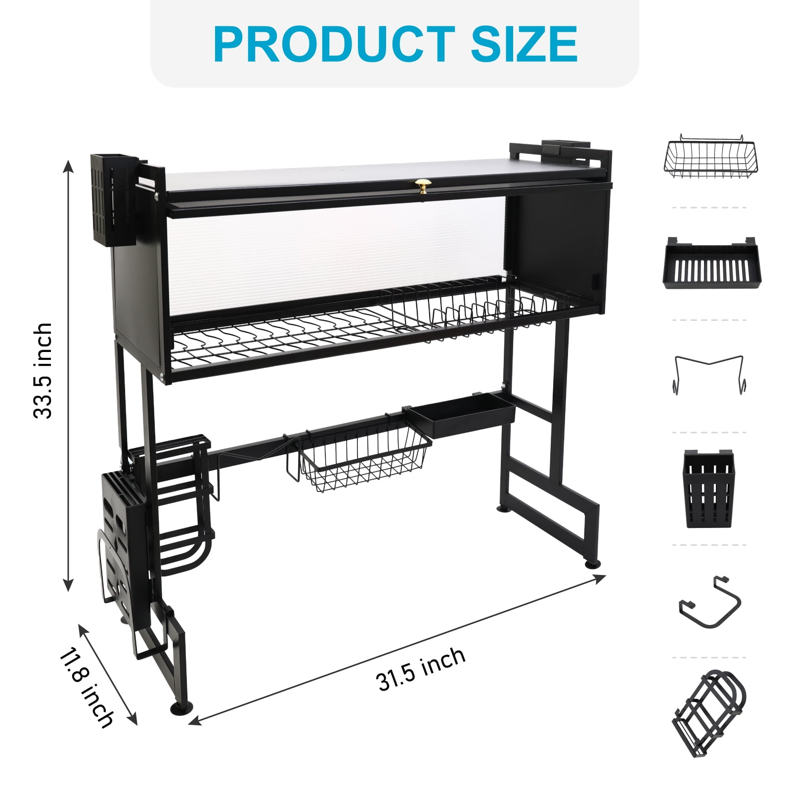 Over The Sink Dish Drying Rack, Adjustable 2 Tier Stainless Steel Large Dish Racks for Kitchen Storage Counter Organizer with Cabinet Doors with Utensil Holder, Black - Image 2