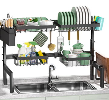 Over The Sink Dish Drying Rack, WLRETMCI Dish Drying Rack 2 Tier Adjustable 25.9"-33.4" Dish Rack for Kitchen Counter,Stainless Steel Over Sink Dish Rack Drainer with Large Capacity, Space-Saving
