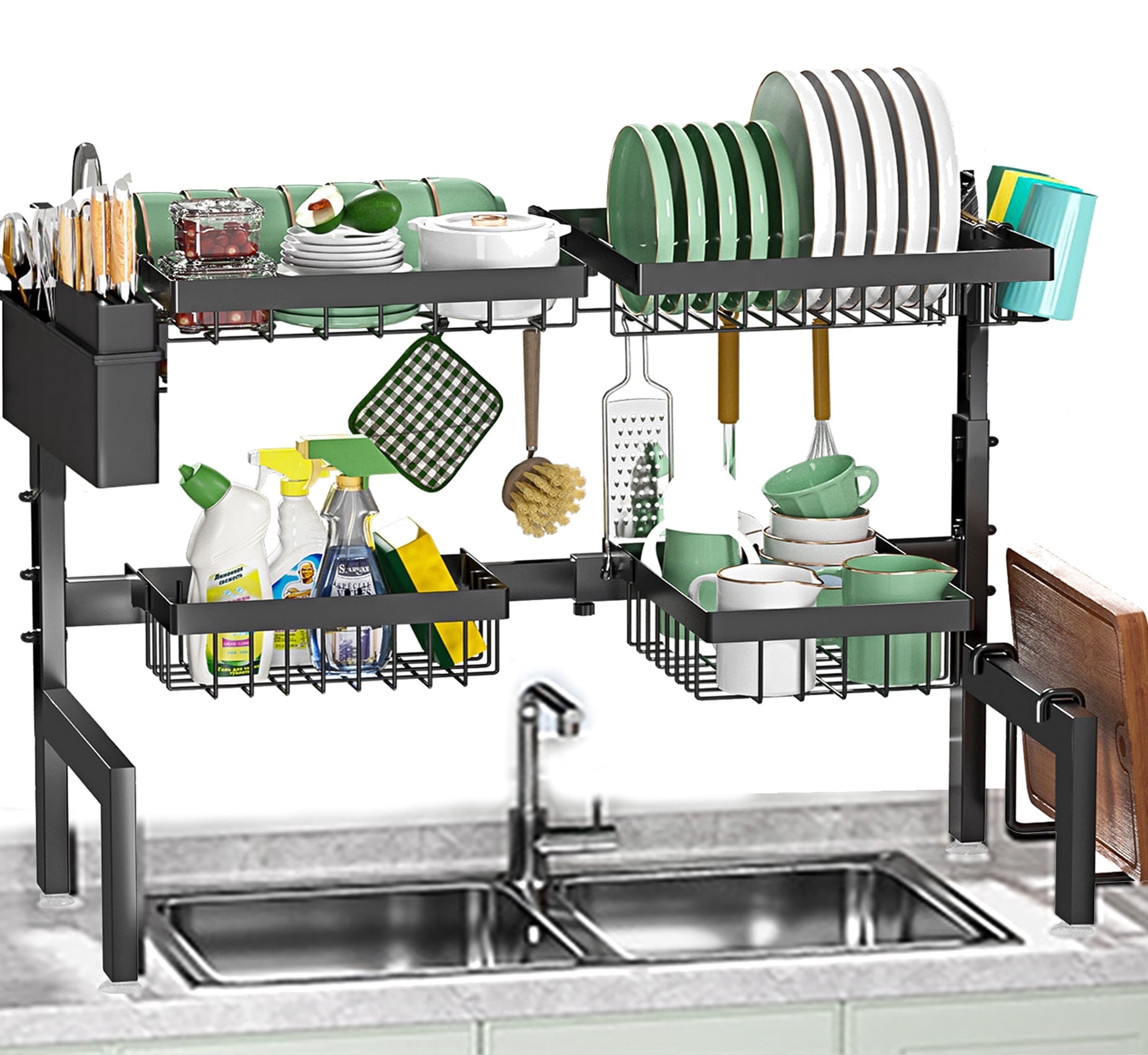Over The Sink Dish Drying Rack, WLRETMCI Dish Drying Rack 2 Tier Adjustable 25.9"-33.4" Dish Rack for Kitchen Counter,Stainless Steel Over Sink Dish Rack Drainer with Large Capacity, Space-Saving