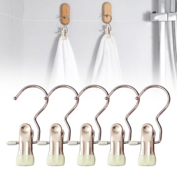 Pack of 5 Clothes Pegs, Trouser Hangers with Clips, 360° Rotating Staple Hook, Stainless Steel Trouser Hook, Boot Clips, Clothes Hanger with Clips, Laundry Hooks for Trousers, Shoes, Towel