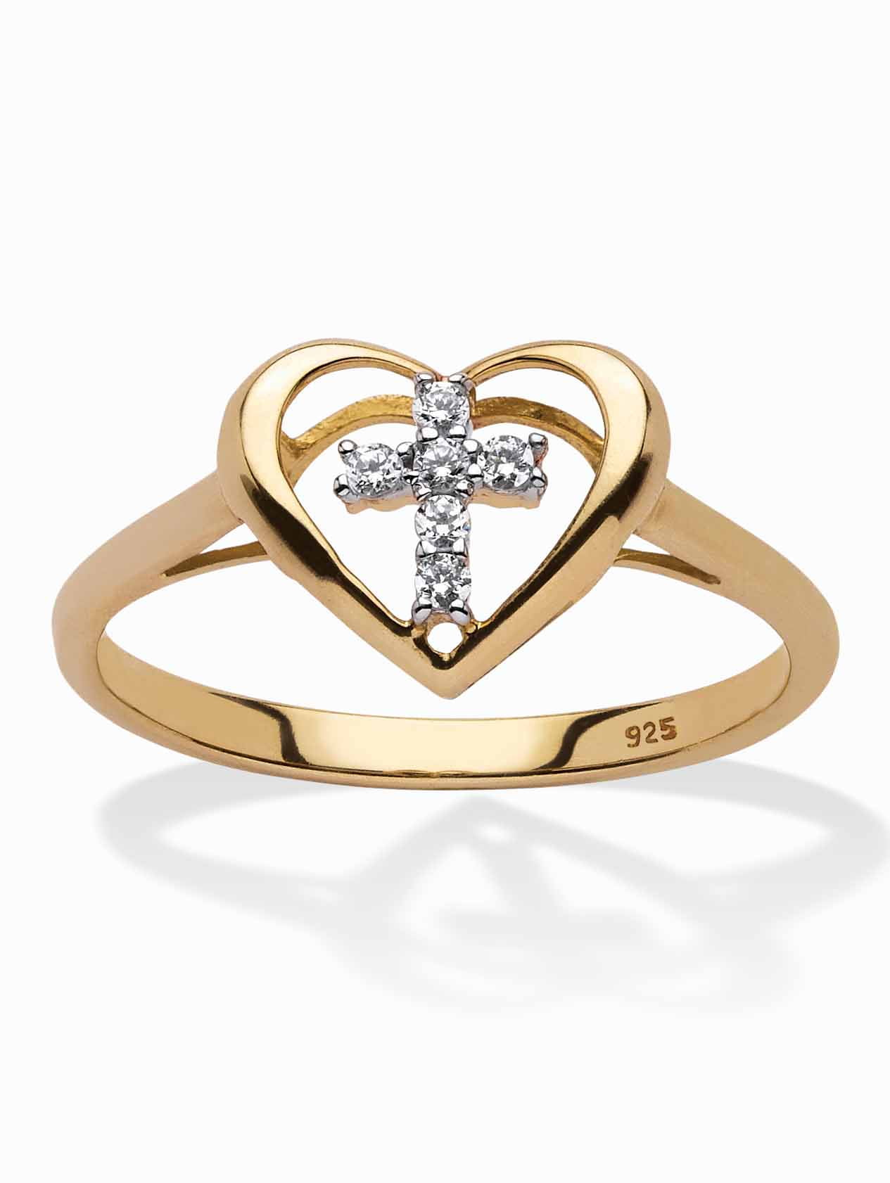 PalmBeach Jewelry Diamond Accent Floating Cross Heart Ring in 18k Yellow Gold-plated Sterling Silver