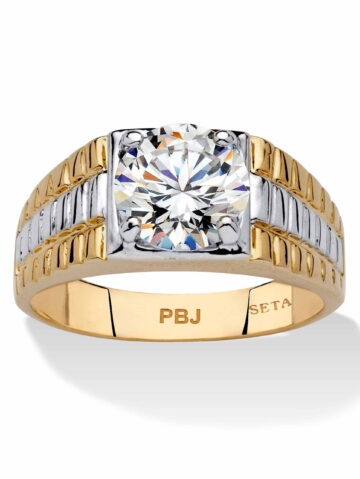 PalmBeach Jewelry Men's 2 TCW Round Cubic Zirconia Textured Ring in 14K Yellow Two Tone Gold-Plated or Platinum-Plated Sterling Silver