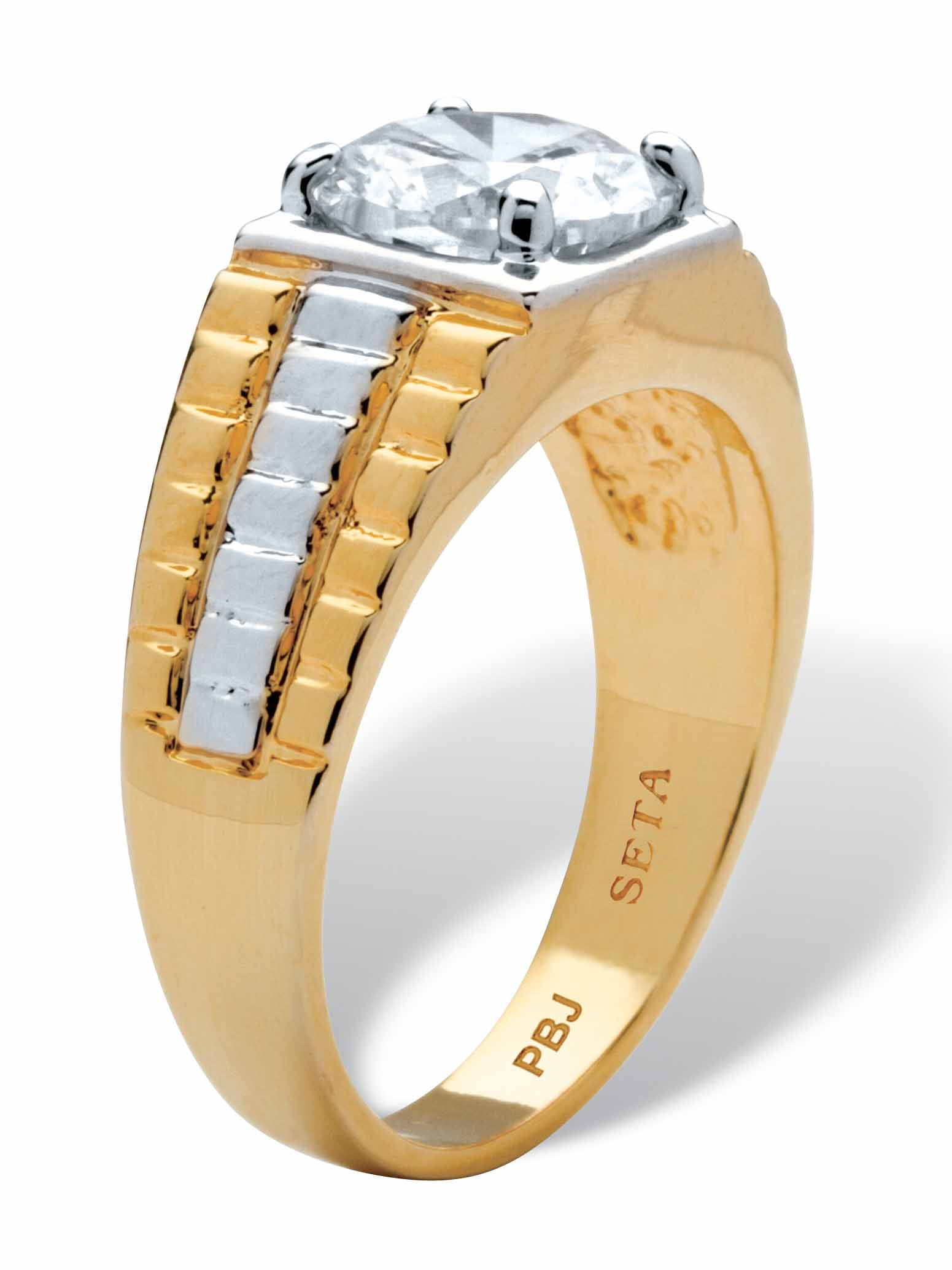PalmBeach Jewelry Men's 2 TCW Round Cubic Zirconia Textured Ring in 14K Yellow Two Tone Gold-Plated or Platinum-Plated Sterling Silver - Image 2