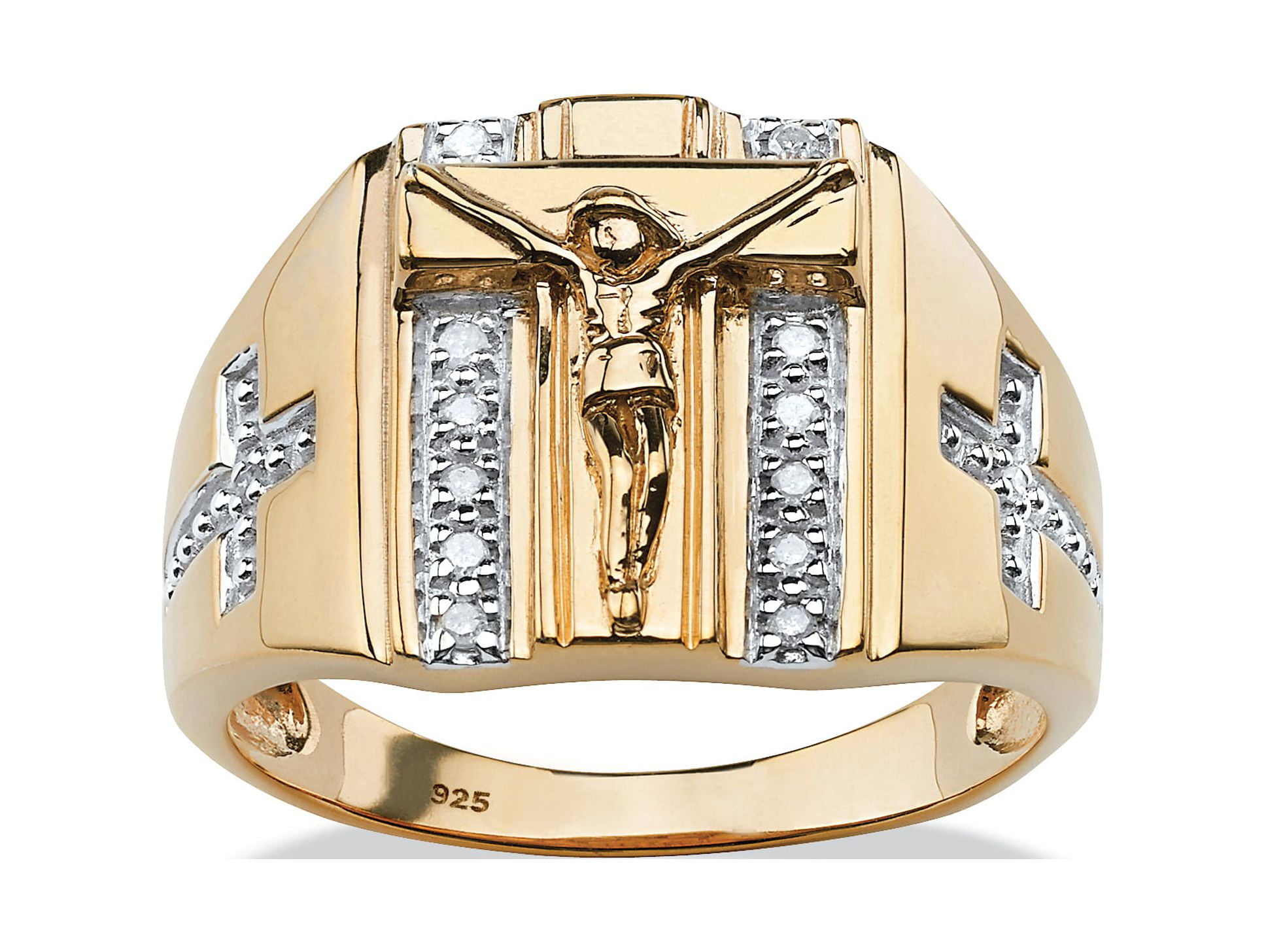 PalmBeach Jewelry Men's Round Diamond Crucifix and Cross Ring 1/10 TCW in 18k Gold-Plated or Sterling Silver