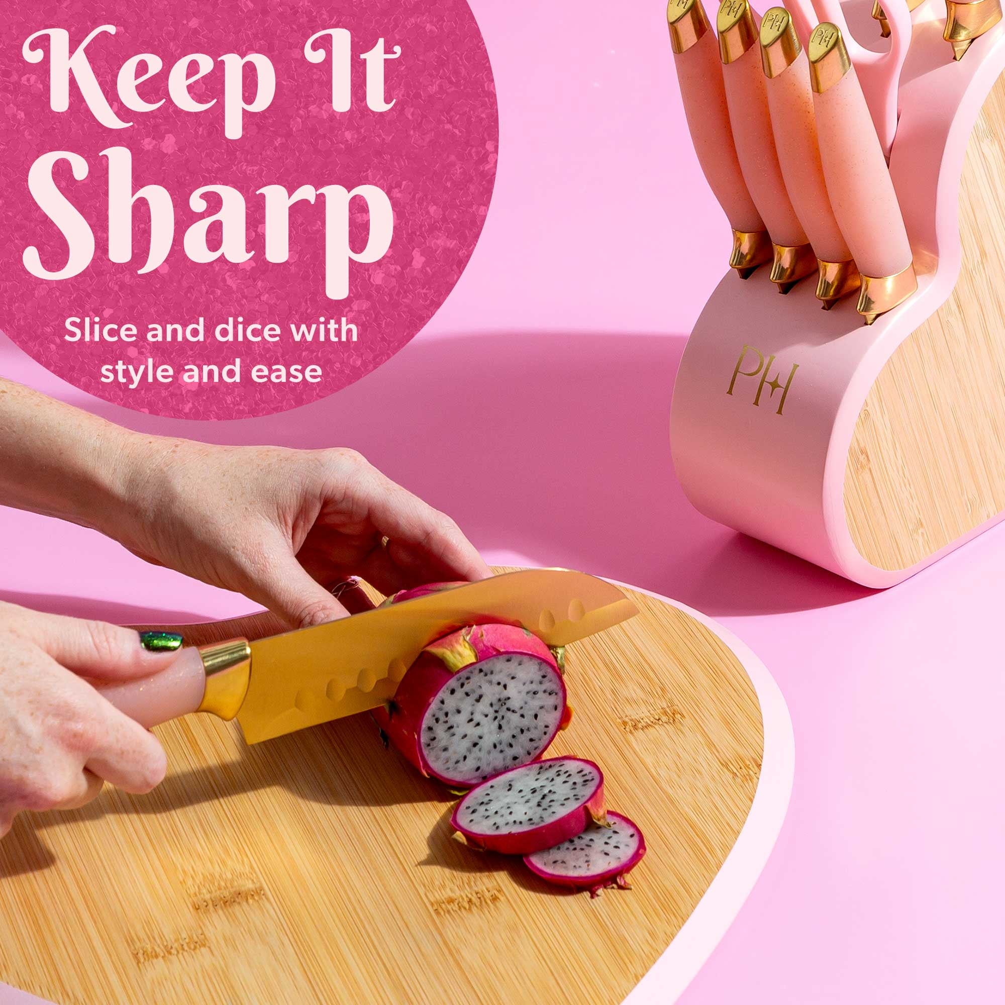 Paris Hilton 10-Piece Stainless Steel Kitchen Knife Set with Heart-Shaped Block, Pink - Image 3