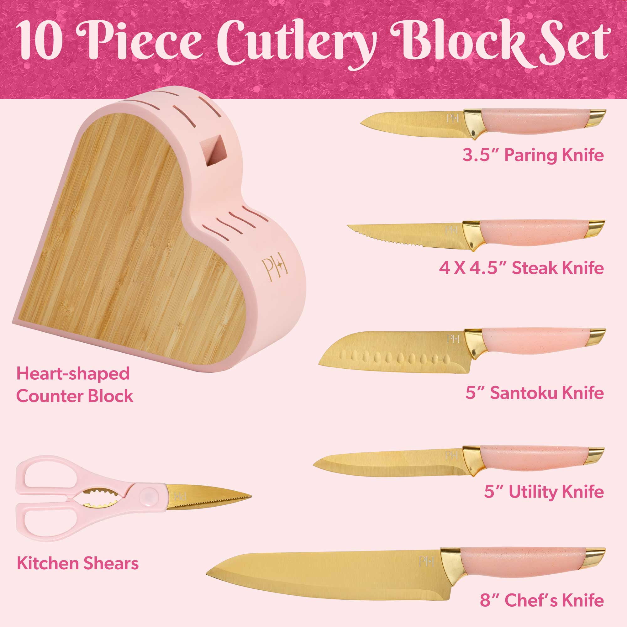 Paris Hilton 10-Piece Stainless Steel Kitchen Knife Set with Heart-Shaped Block, Pink - Image 2