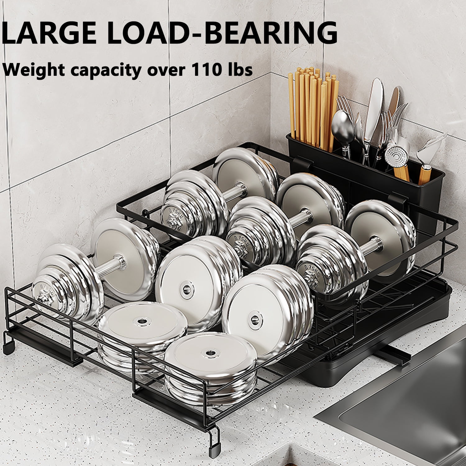 PHANCIR Retractable Large Capacity Dish Drying Rack, Compact Stainless Steel Dish Rack with Utensil Holder, Space-Saving Storage & Organizer for Kitchen Countertop, Black - Image 5