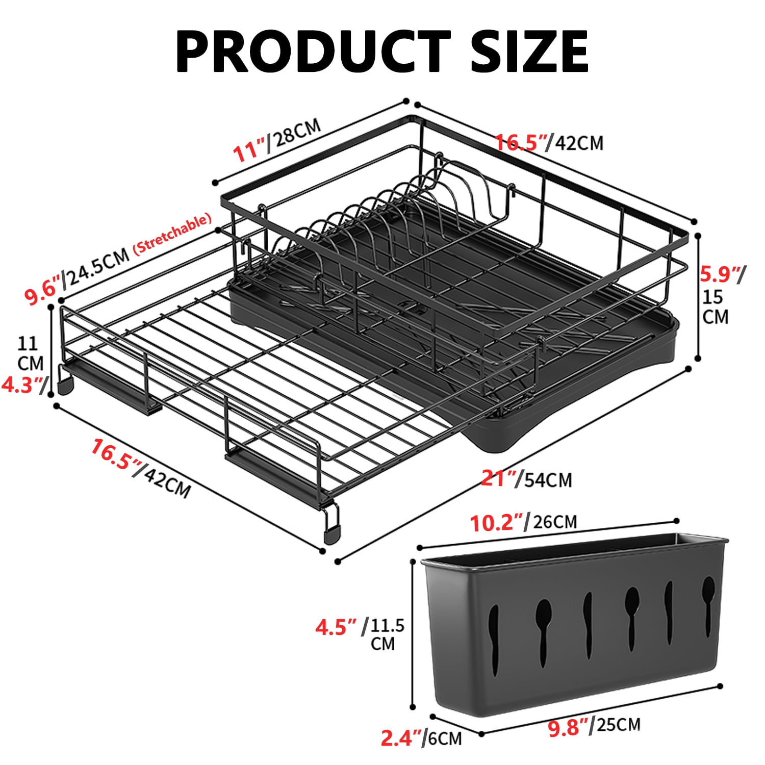 PHANCIR Retractable Large Capacity Dish Drying Rack, Compact Stainless Steel Dish Rack with Utensil Holder, Space-Saving Storage & Organizer for Kitchen Countertop, Black - Image 3