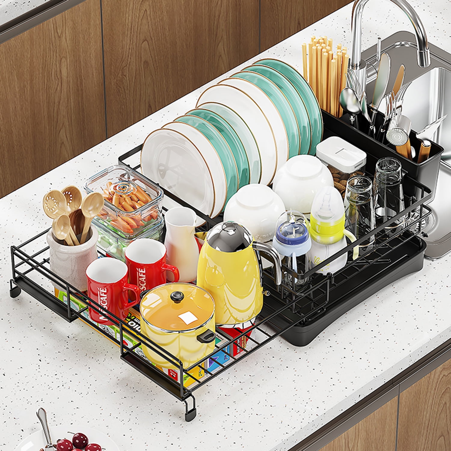 PHANCIR Retractable Large Capacity Dish Drying Rack, Compact Stainless Steel Dish Rack with Utensil Holder, Space-Saving Storage & Organizer for Kitchen Countertop, Black - Image 2