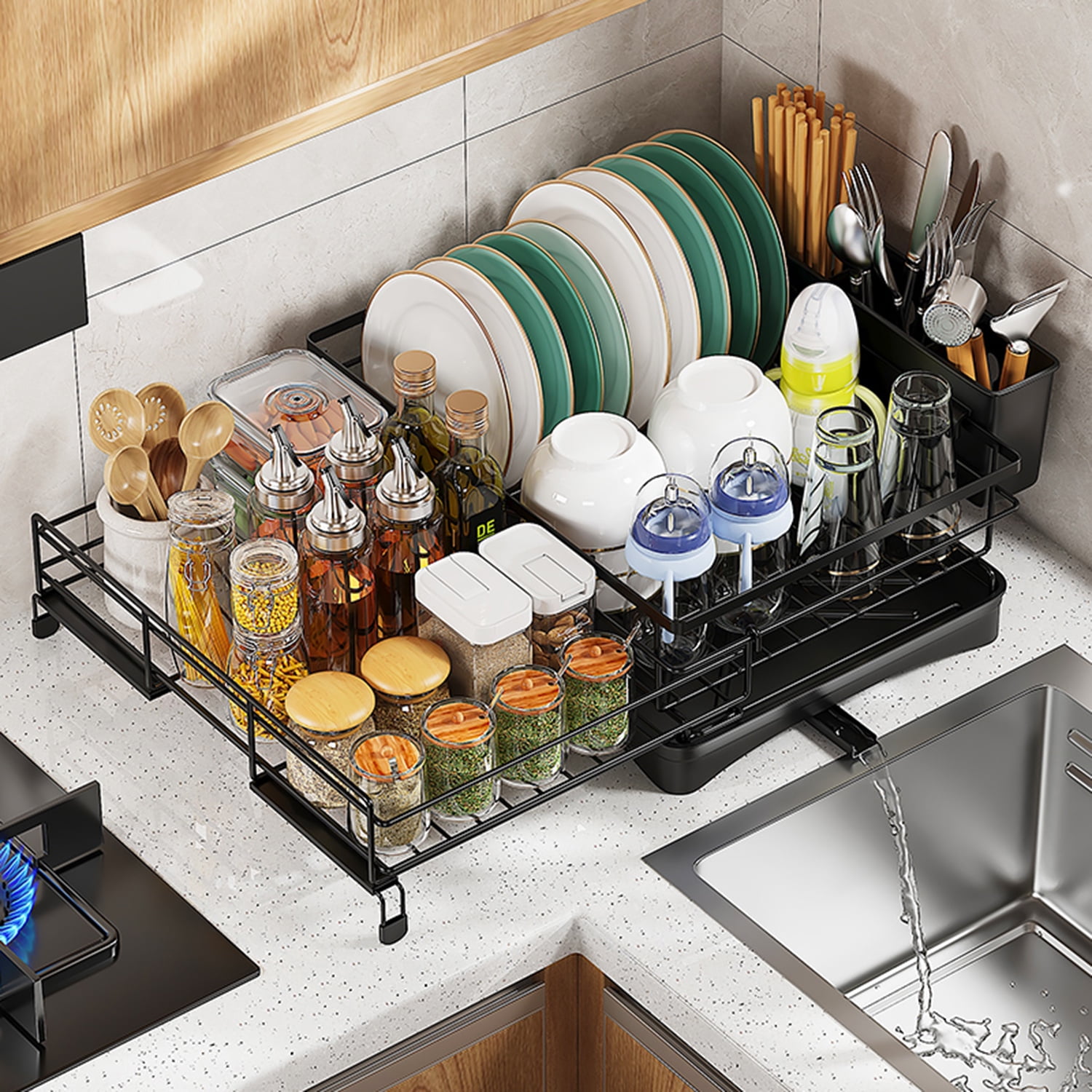 PHANCIR Retractable Large Capacity Dish Drying Rack, Compact Stainless Steel Dish Rack with Utensil Holder, Space-Saving Storage & Organizer for Kitchen Countertop, Black - Image 4