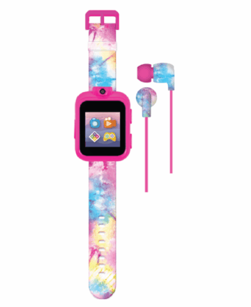 Playzoom Kids Smartwatch & Earbuds Set: Pink, Blue, Yellow Tie Dye