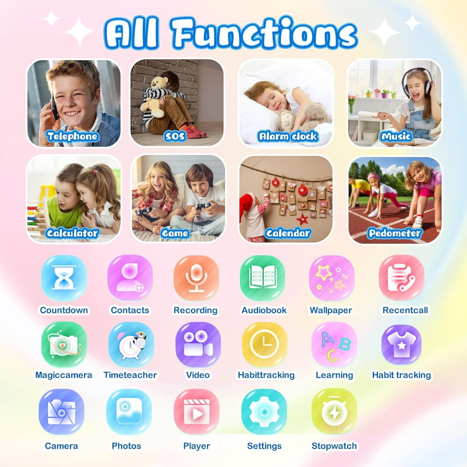 PTHTECHUS Smart Watch for Kids 4G Kids Smartwatch Phone Touch Screen Educational Games Pedometer Fitness Alarm Calculator Clock Camera Music Player Suitable for Children Aged 4-10 Years Old - Image 2