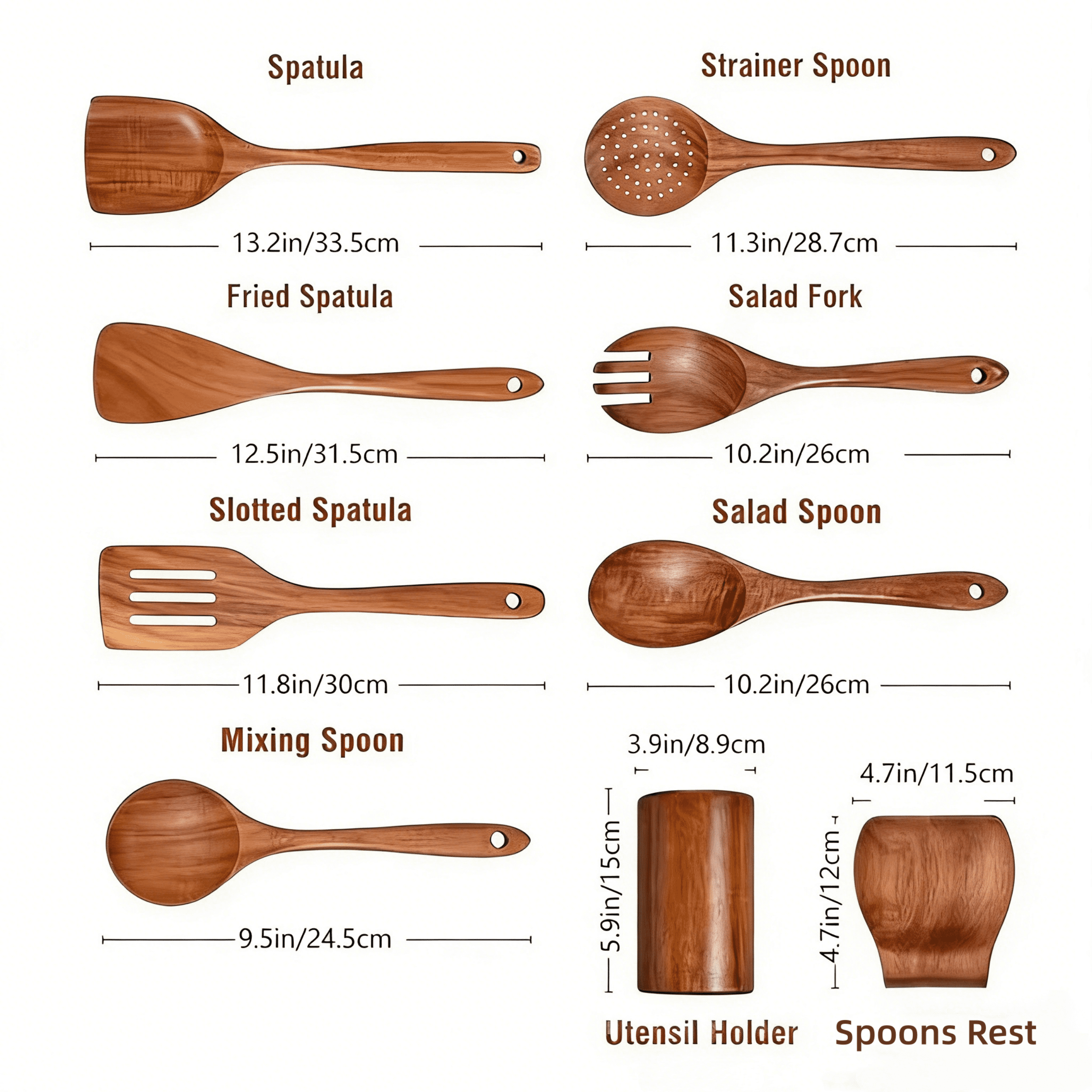 QOPR 9-Piece Teak Wood Wooden Utensil Set with Utensil Holder, Wooden Spoons for Cooking, Kitchen Utensils Set for Kitchen and Dining - Image 3