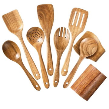 QOPR 9-Piece Teak Wood Wooden Utensil Set with Utensil Holder, Wooden Spoons for Cooking, Kitchen Utensils Set for Kitchen and Dining